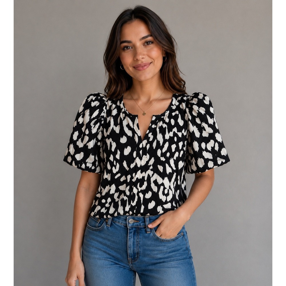 Emery Rose NWT XL Black White Leopard Print V-Neck Blouse Workwear Office - Picture 1 of 6